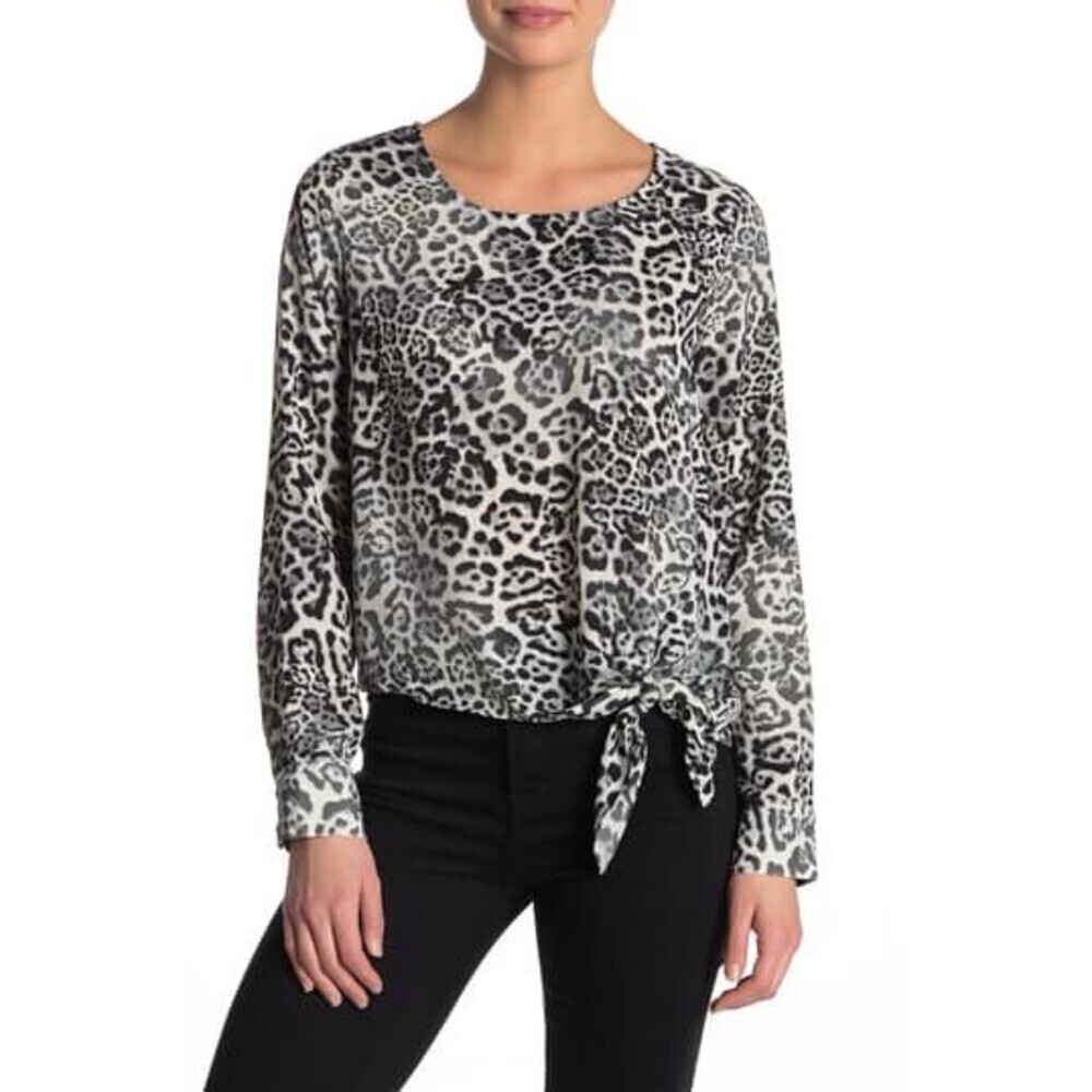 Socialite Long Sleeve Tie Front Blouse In White/Black Animal Print Size XL